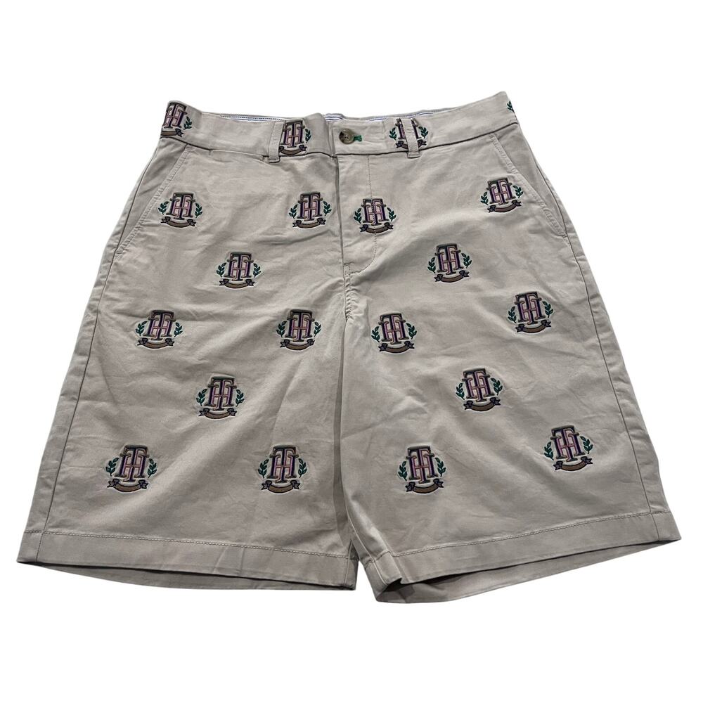 TOMMY HILFIGER Mens Beige All Over Crest Monogram Embroidered Chino Shorts 32